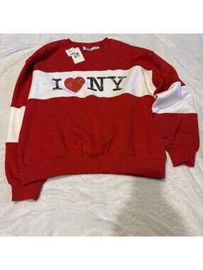 NWT I Love NY Red Pullover Hooded Sweatshirt Women’s Size M Cotton-on (0010)